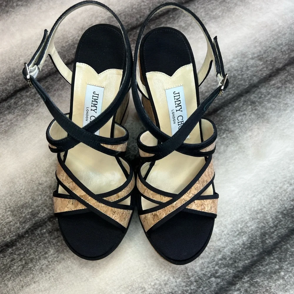 Jimmy Choo Alissa 120 Natural Black Cork Grossgrain Wedges